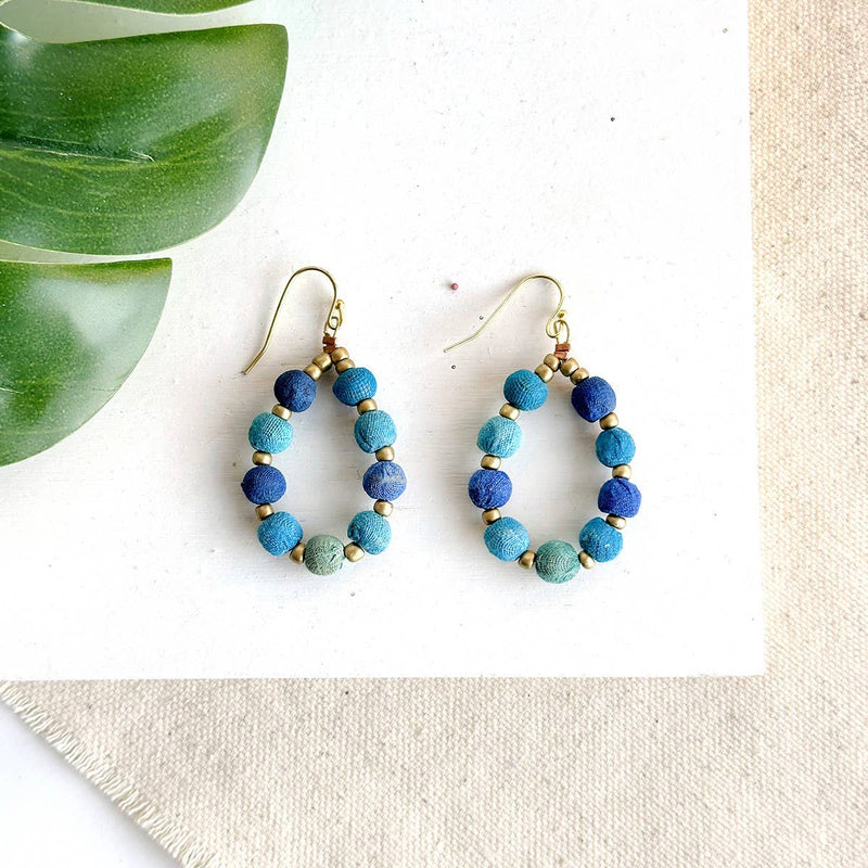 Kantha Azure Beaded Teardrop Earrings  WorldFinds  Paper Skyscraper Gift Shop Charlotte