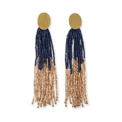 Mae Oval Brass Post + Navy Tassel Beaded Earrings Jewelry ink + alloy  Paper Skyscraper Gift Shop Charlotte