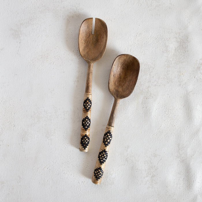 Mango Wood Salad Servers W Patterned Rattan Wrapped Handles  Creative Co-Op  Paper Skyscraper Gift Shop Charlotte