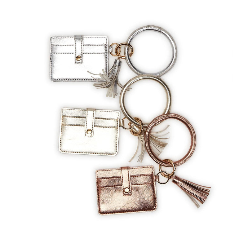 Metallic Vegan Leather Bangle Keychain Holder with Card Case | Assorted Wallets Two&