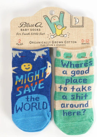 Might Save The World/ Where's A Good Place To Take A Shit Around Here? Baby Socks Socks Blue Q  Paper Skyscraper Gift Shop Charlotte