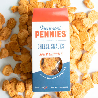 Piedmont Pennies Spicy Chipotle Cheese Snacks | 12 oz Carton Case Food Piedmont Pennies  Paper Skyscraper Gift Shop Charlotte