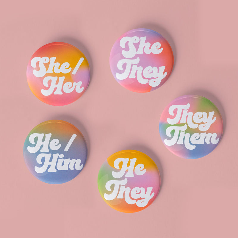 Pronoun Pinback Buttons He/Him Pins & Buttons Sleepy Mountain  Paper Skyscraper Gift Shop Charlotte