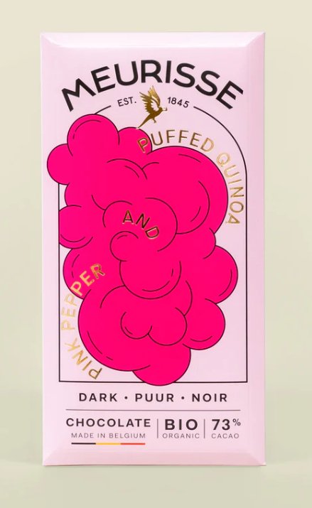 Puffed Quinoa & Pink Pepper 73% Cacao Dark Chocolate Bar Food Meurisse  Paper Skyscraper Gift Shop Charlotte