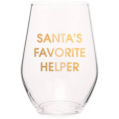 Santa's Favorite Helper Stemless Wine Glass  Chez Gagné  Paper Skyscraper Gift Shop Charlotte