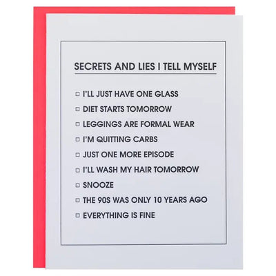 Secrets and Lies Checklist Letterpress Card Cards Chez Gagné  Paper Skyscraper Gift Shop Charlotte