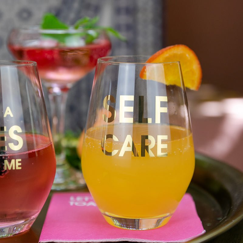 Self Care Stemless Wine Glass Wine Glasses Chez Gagné  Paper Skyscraper Gift Shop Charlotte