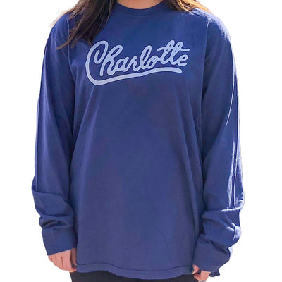 Small Navy Long Sleeve Charlotte + Chris Hood T-Shirt Apparel Reworn  Paper Skyscraper Gift Shop Charlotte