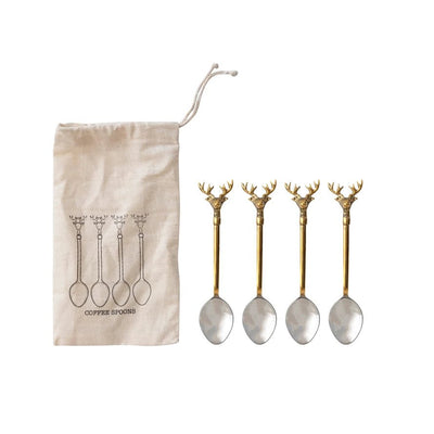 Stainless Steel & Brass Spoons w Gold Finish Reindeer Handlesm Set of 4 in Printed Drawstring Bag 5-1/2"L Holiday Creative Co-Op  Paper Skyscraper Gift Shop Charlotte