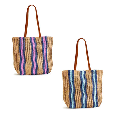 Straw Striped Tote Bag Totes Two's Company  Paper Skyscraper Gift Shop Charlotte