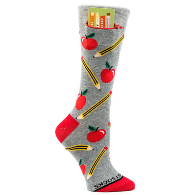 Teacher Apple + Pencil Womens Pocket Socks Socks Pocket Socks Inc  Paper Skyscraper Gift Shop Charlotte