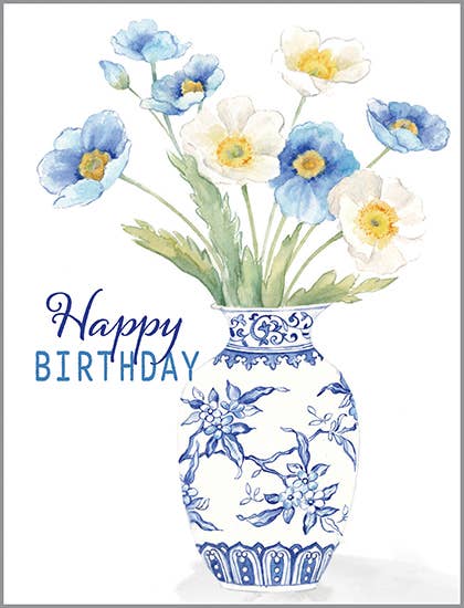 With Scripture Birthday Card - Blue Flowers in China Vase  Gina B Designs  Paper Skyscraper Gift Shop Charlotte