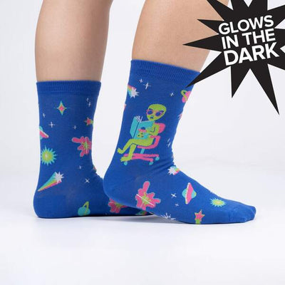 Women's Crew: InterGalactic Reading List | Glows in the dark Socks Sock It to Me  Paper Skyscraper Gift Shop Charlotte