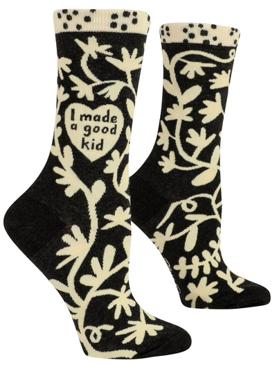 Women's Crew Socks - I Made A Good Kid Socks Blue Q  Paper Skyscraper Gift Shop Charlotte