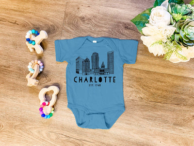 Charlotte Skyline Indigo Onesie | 6 Months Baby Moonlight Makers  Paper Skyscraper Gift Shop Charlotte